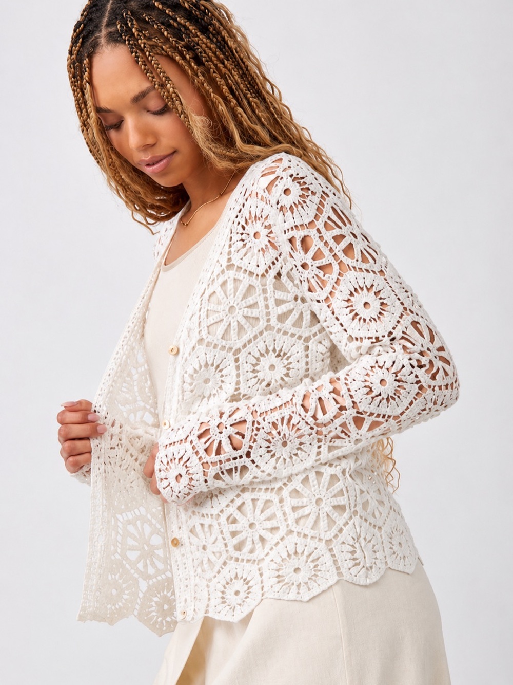 Charlie Paige Ivory Crochet Cardigan Lace Boho NWT Large - Picture 2 of 6